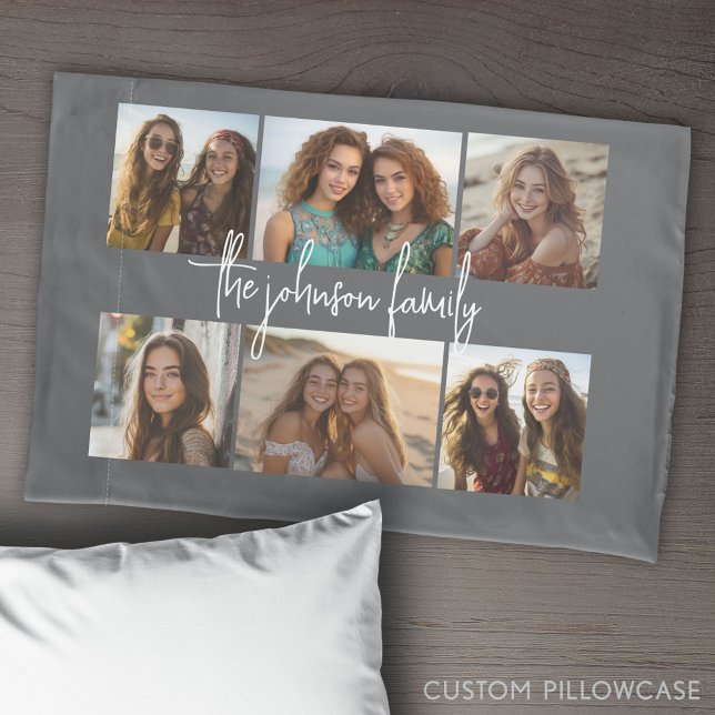 6 Foto Collage Grid - White Custom Text - Grau Kissenbezug (Create Your Own Photo Collage Pillowcase)