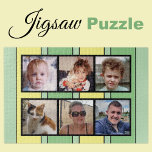 6 Foto, Collage, grüne gelbe Streifen<br><div class="desc">Gemeinsam Erinnerungen mit unserem maßgeschneiderten 6-Foto-Puzzle! Dieses Puzzle lasse Ihnen, sechs Ihrer liebsten Fotos auf unterhaltsame, interaktive Weise zu präsentieren. Die lichtdurchflutete, glänzende Oberfläche aus hochwertigen Materialien bringt Ihre Bilder zum Leben und sorgt für eine lange Lebensdauer. Ideal für jeden Anlass, von Geburtstag bis Feiertag, kombiniert dieses Puzzle Kreativität mit...</div>