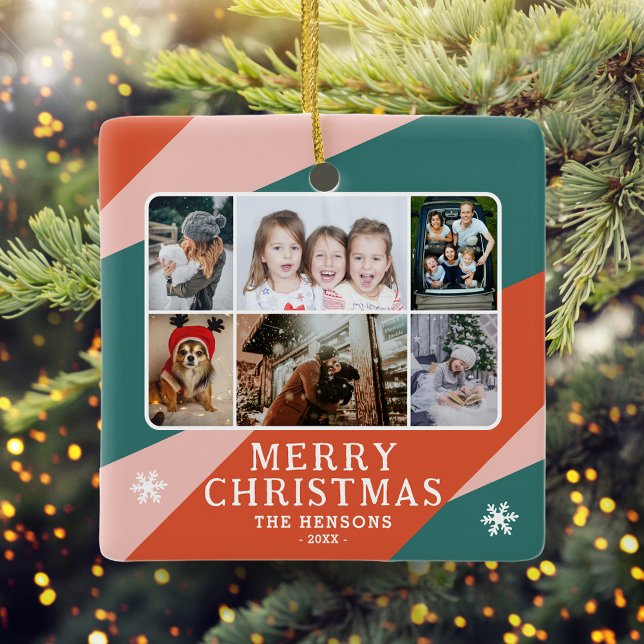 6 Foto Collage Pink Green Orange Weihnachtsfamilie Keramikornament (Von Creator hochgeladen)