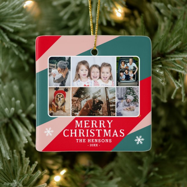 6 Foto Collage Red Green Pink Weihnachtsfamilie Keramikornament (Baum)