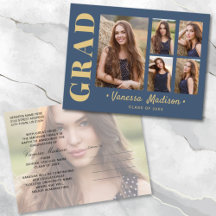 6 Foto Grad Collage Modernes Script Blau und Gold