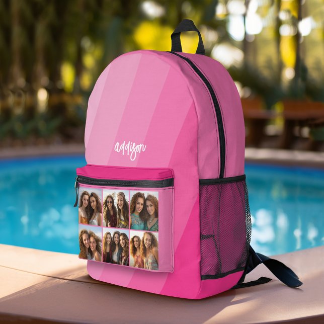 6 Foto - Name und Titel Kalligrafie - Retrostreife Bedruckter Rucksack (Personalized Backpack with Retro Stripes, Photos and Custom Name)