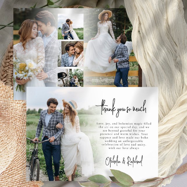 6 Foto Newlyweds Script Boho Wedding Danke Karte (Front and back view )
