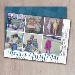 6 Foto Offset - Script Frohe Weihnachten - Blau<br><div class="desc">FRONT DESIGN: Eine Collage von 6 Fotos in einem einfachen Raster, um viele Bilder aus dem vergangenen Jahr zu markieren. Das Foto-Gitter ist nicht in der Mitte, und ein dünner Rand umgibt die Fotos. Moderne Optik mit denim blauen Akzenten und "fröhlichen Weihnachten" in einem großen, trendigen Script-Schriftart. Der Hintergrund ist...</div>