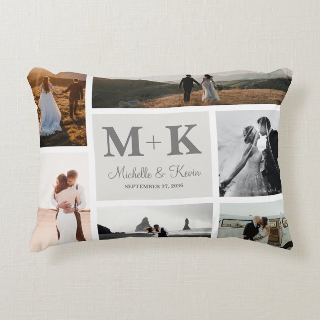 6 Foto Wedding Collage Newlyweds Keepake Dekokissen (Vorderseite)