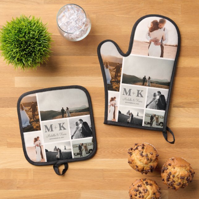6 Foto Wedding Collage Newlyweds Keepake Ofenhandschuh & Topflappen-Set (Oben Unten)