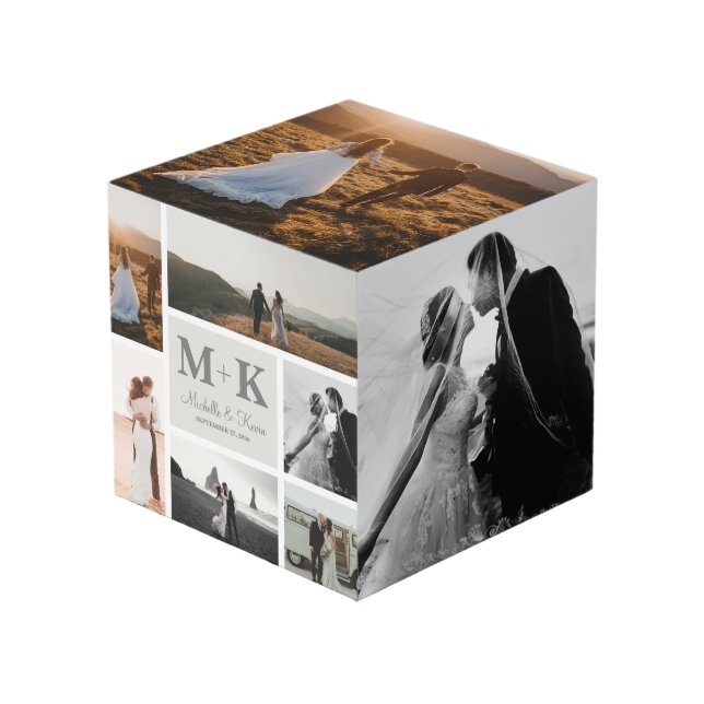 6 Foto Wedding Collage Newlyweds Keepake Würfel (Vorderseite Schrägansicht)