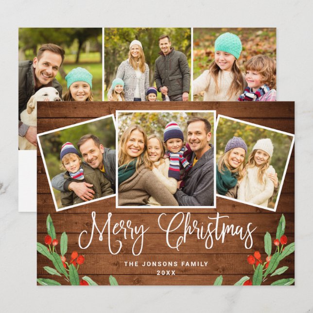 6 FOTO Weihnachten Rustikales Braun Holz Gruß (Vorne/Hinten)