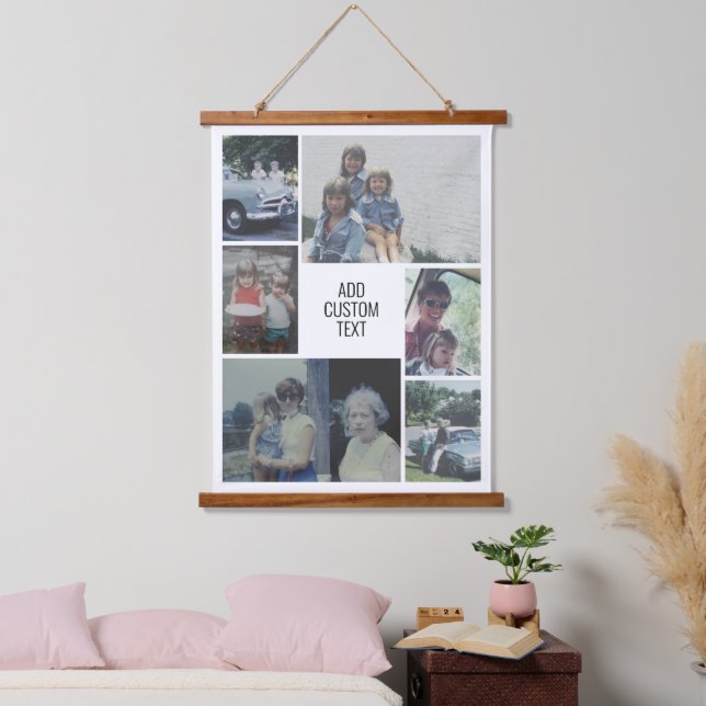 6 FotoCollage - Familientext in der Mitte - weiß Wandteppich Mit Holzrahmen (Schlafzimmer)