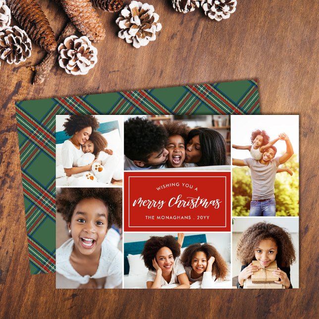 6 FotoCollage | Grüne Karierte Rückseite Feiertagskarte (Von Creator hochgeladen)
