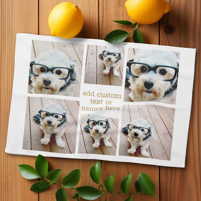 6 FotoCollage Minimalistisch - Gold und Weiß Geschirrtuch (Personalized kitchen towel with photo collage)