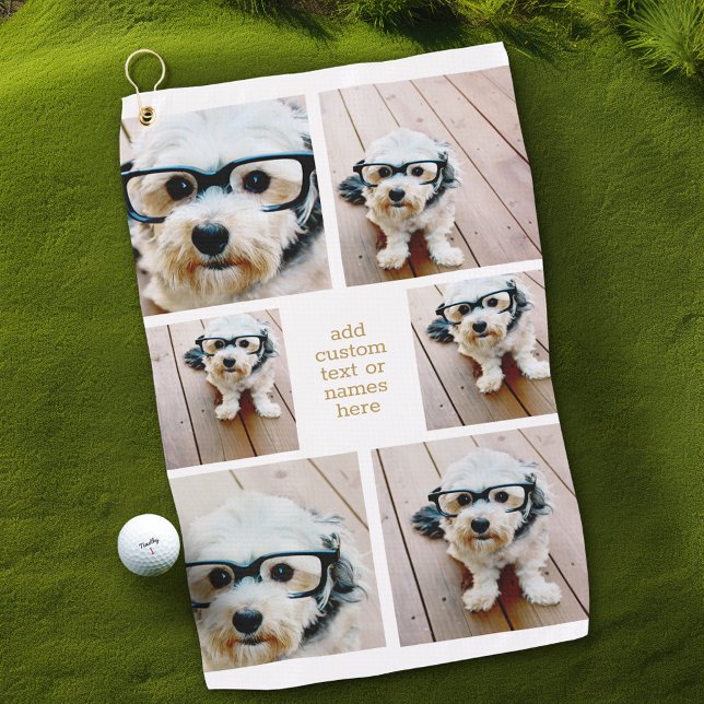 6 FotoCollage Minimalistisch - Gold und Weißgitter Golfhandtuch (Personalized Golf Towel with Photos and Text)