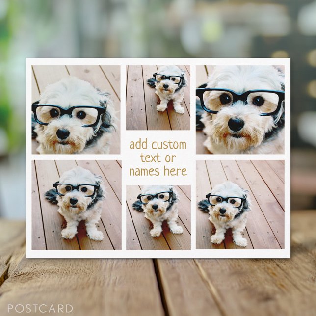 6 FotoCollage Minimalistisch - Gold und Weißgitter Postkarte (Custom Personalized Photo Collage Postcard)
