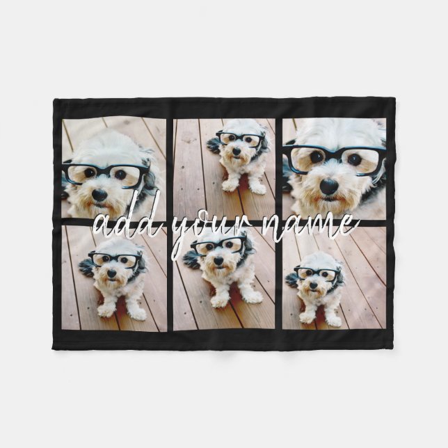6 FotoCollage Minimalistisch - Name schwarz hinzuf Fleecedecke (Vorderseite (Horizontal))