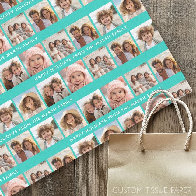 6 FotoCollage mit Happy Holiday Text Aqua Aquamari Seidenpapier (Custom Tissue Paper)