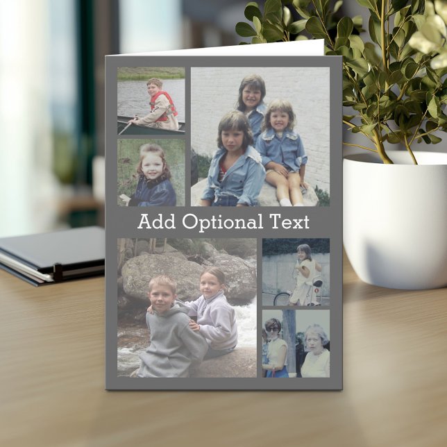 6 Fotocollage Optionaler Text — CAN Edit grau Karte (Custom Personalized Greeting Card)