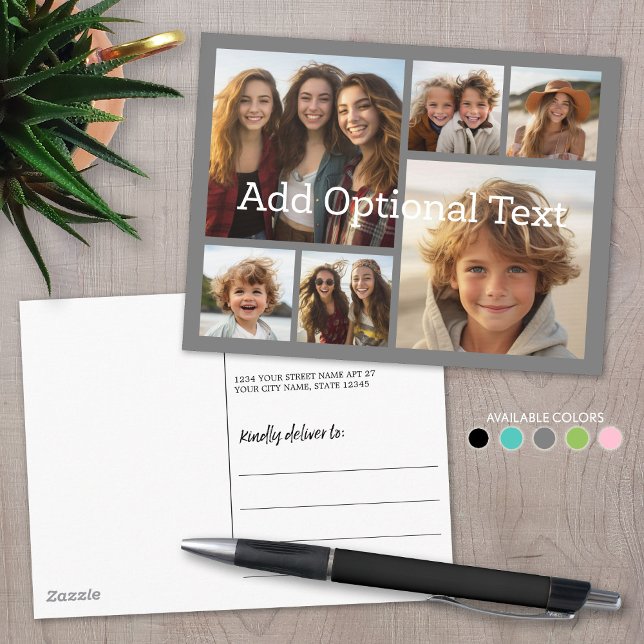6 Fotocollage Optionaler Text — CAN Edit Grau Postkarte (Custom Photo Collage on a Postcard)