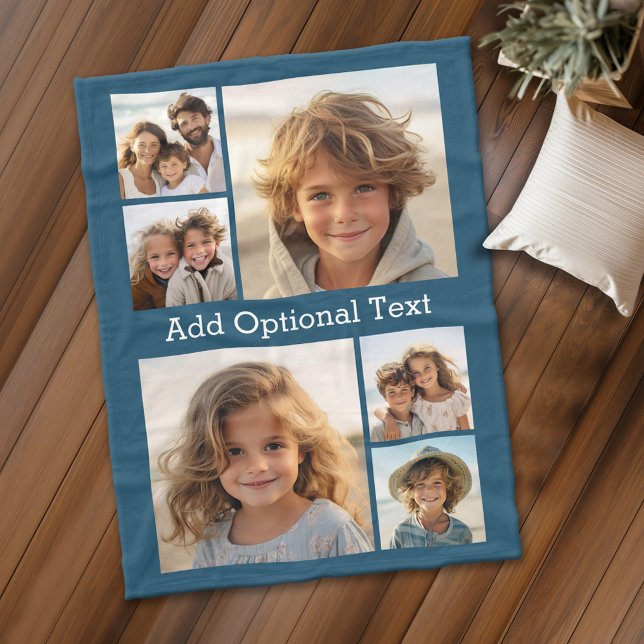 6 FotoCollage Optionaler Text — Farbe bearbeiten Fleecedecke (Personalized fleece blanket with 6 photos and custom text)