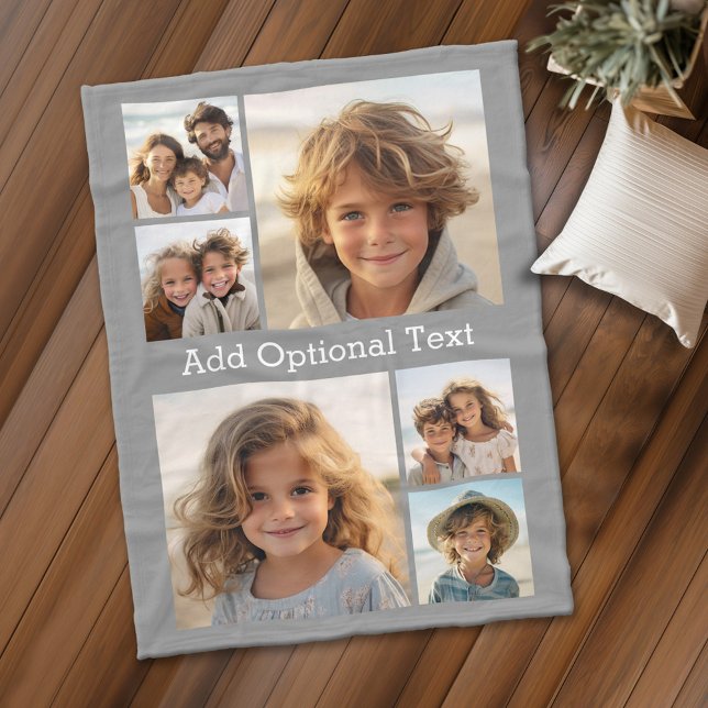 6 FotoCollage Optionaler Text — Farbe bearbeiten Fleecedecke (Personalized fleece blanket with 6 photos and custom text)