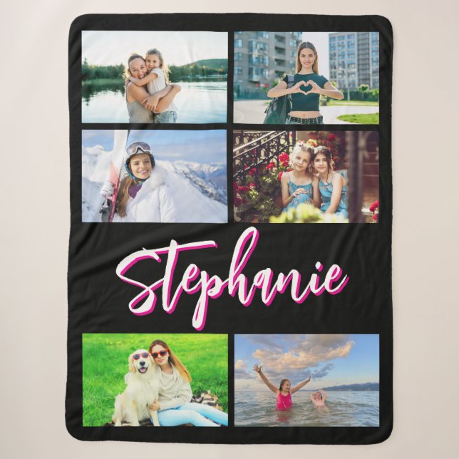 6 FotoCollage Personalisiert Hot Pink Schwarz Sherpadecke (Vorderseite)
