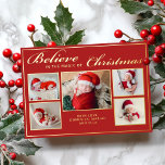 6 Fotos glauben an Weihnachts-Zauberfamilienrot Folien Feiertagskarte<br><div class="desc">Moderne Urlaubskarte mit 5 Ihrer liebsten Weihnachtsfamilienportraits,  ergänzt durch reale Goldfolien-Rahmen und Formulierung,  die "Glaube an die Magie der Weihnachtszeit" über einen festlichen roten Hintergrund,  anpassbar mit Ihrer Nachricht oder Namen. Sie können ein weiteres Bild auf der Rückseite der Karte hochladen.</div>