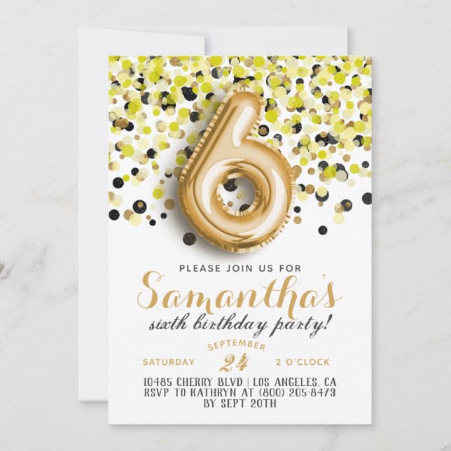 6. Geburtstag Confetti Einladung (Vorderseite)