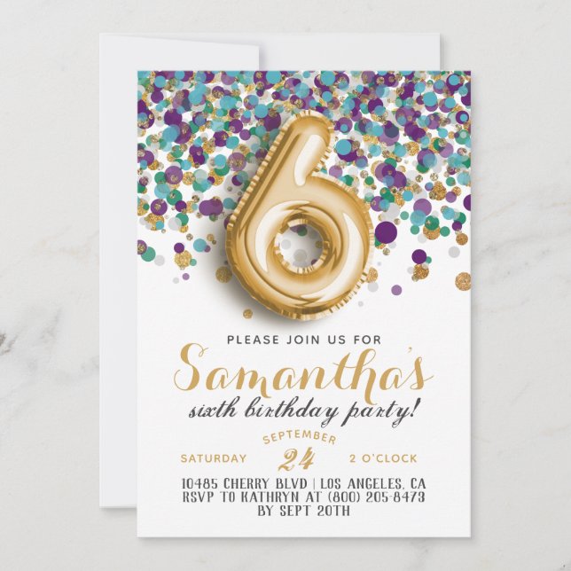 6. Geburtstag Confetti Einladung (Vorderseite)