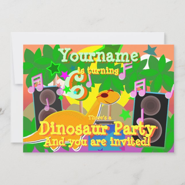 6. Geburtstag Cool Dinosaurier DJ Party Einladunge Einladung (Vorderseite)