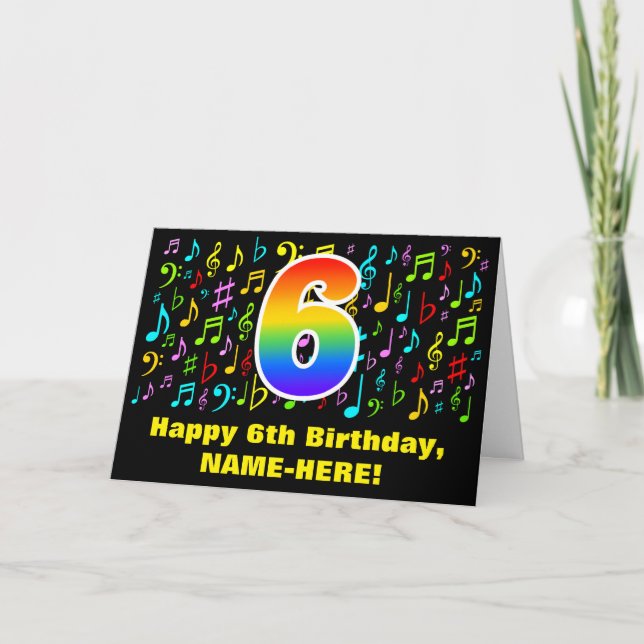 6. Geburtstag - Farbige Musiksymbole & Regenbogen  Karte (Vorderseite)