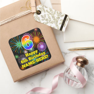 6. Geburtstag: Fun Fireworks Look, Rainbow # 6 Quadratischer Aufkleber