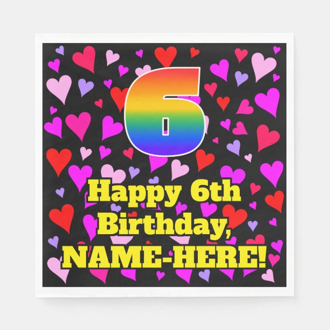 6. Geburtstag: Liebesherz-Muster, Regenbogen # 6 Serviette (Vorderseite)