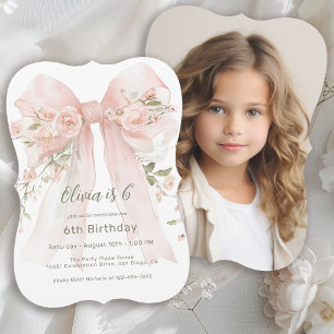 6. Geburtstag Mädchen Rosa Blumen-Schleife und Fot Einladung