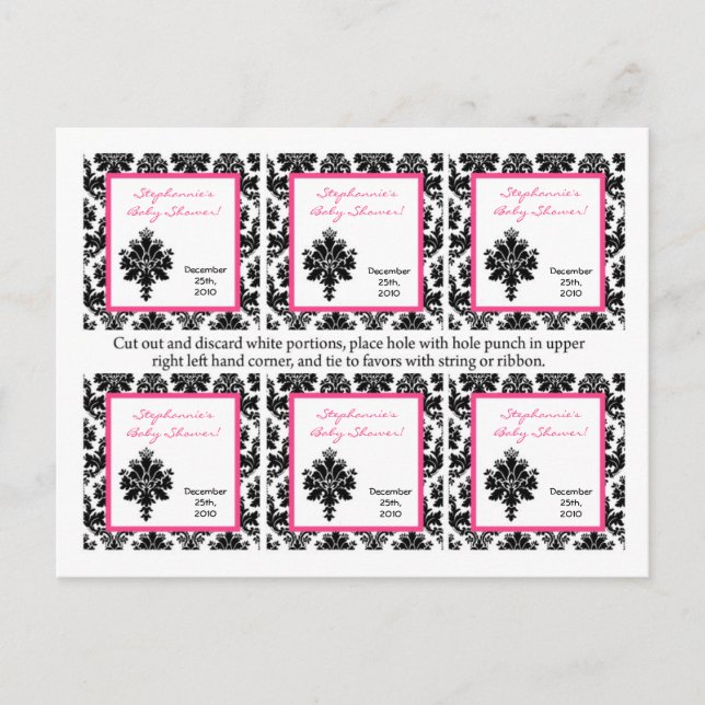 6 Gefälligkeitsmarken Hot Pink Black Damask Einladungspostkarte (Vorderseite)