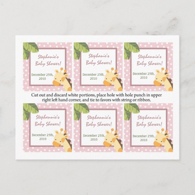 6 Gefälligkeitstags Safari Jungle Giraffe Pink Einladungspostkarte (Vorderseite)