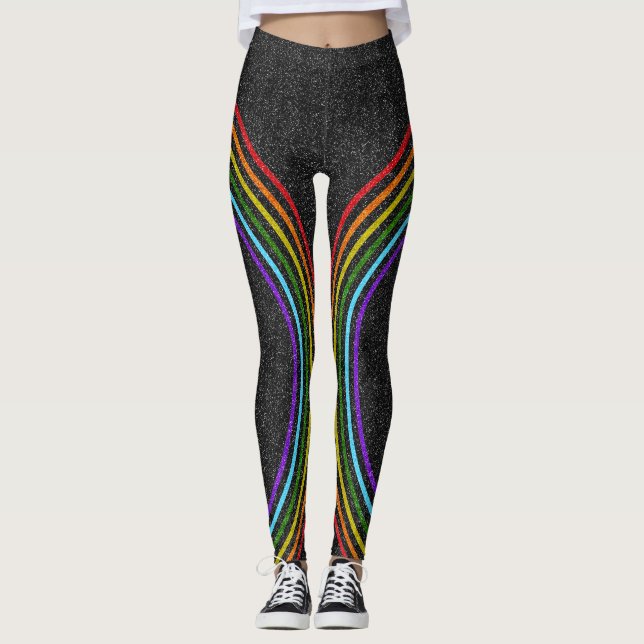 6 Glitzer-Regenbogen in Schwarz auf Shiny Black LG Leggings (Vorderseite)