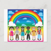 6 glückliche Kinder unter einem Regenbogen mit ein