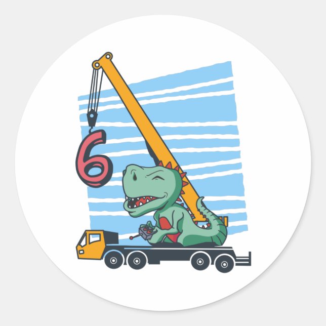 6 Jahre 6. Geburtstag Mobilkrane Dinosaurier Runder Aufkleber (Vorderseite)
