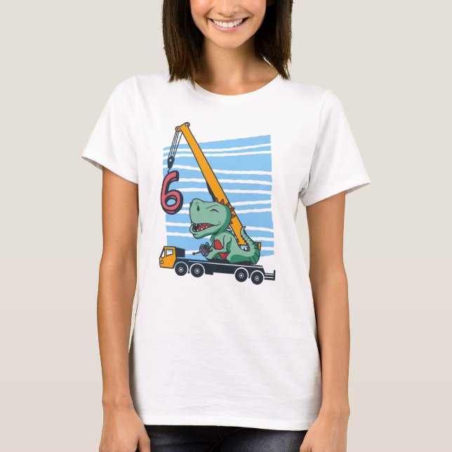 6 Jahre 6. Geburtstag Mobilkrane Dinosaurier T-Shirt (Vorderseite)