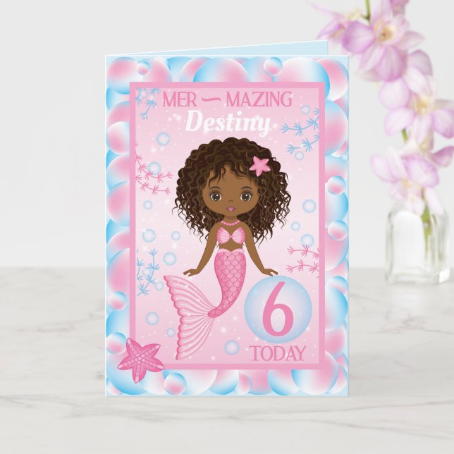 6 Jahre alte schwarze Meerjungfrau | Happy Birthda Karte (Orchidee)
