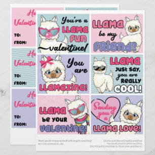 6 Llama-Kinder-Klassenzimmer-Valentinstag-Karten Briefbogen