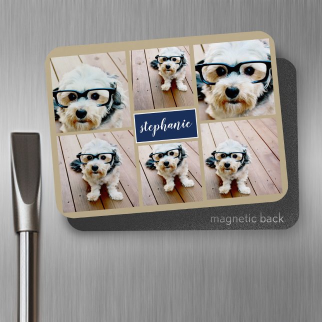6 Name der Fotocollage Minimalistisch - Farbe bear Magnet (Personalized fridge magnet - add photos and custom text)