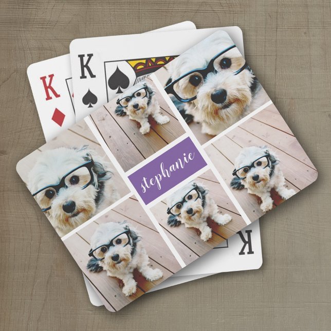 6 Name der Fotocollage Minimalistisch - Farbe bear Spielkarten (Personalized playing cards with photos and custom text)
