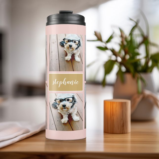 6 Name der Fotocollage Minimalistisch - Farbe bear Thermosbecher (Personalized Thermal Tumbler - Add Photos, Text - Customize Completely in the Advanced Design Area)