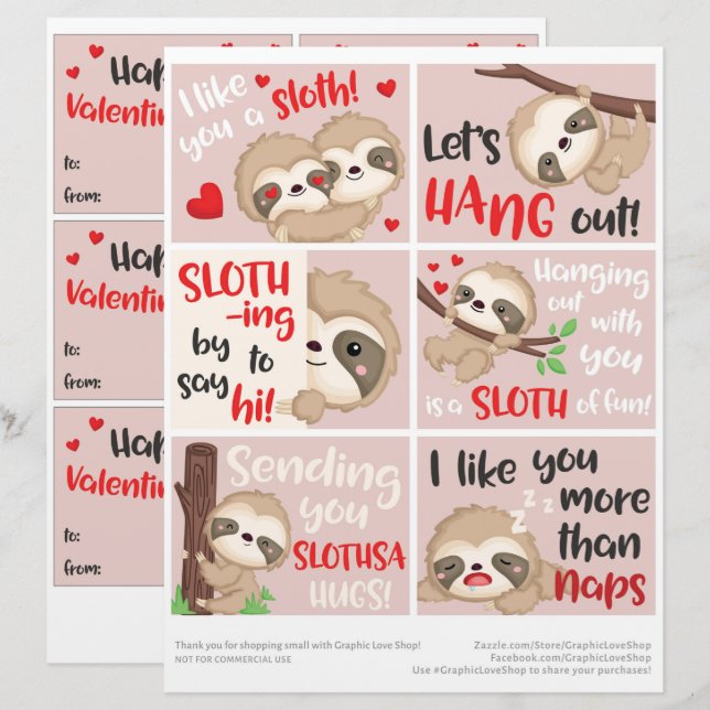 6 Niedliche Sloth Kids-Klassenzimmer Valentine-Tag Briefbogen (Vorne/Hinten)