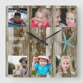 6 Photo Collage Beach Plank Quadratische Wanduhr