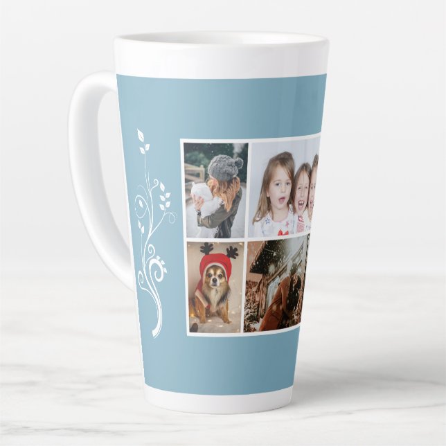 6 Photo Collage Foliage Blue Christmas Family Milchtasse (Linke Ecke)