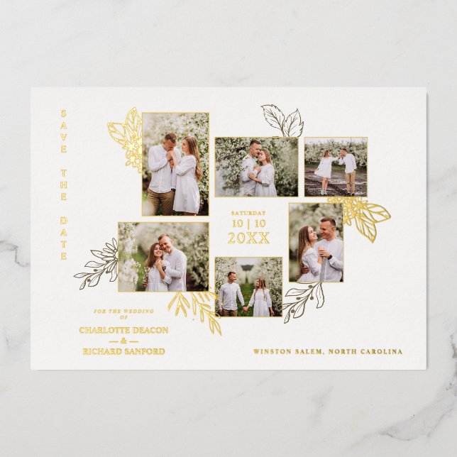 6 Photos Collage Wedding Botanical Branches Frame Folieneinladung (Vorderseite)