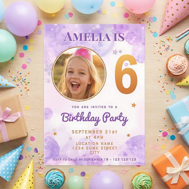 6 Purple Gold Star Bubbles 6th Birthday Invitation (Créateur téléchargé)
