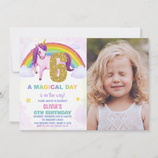6. Rainbow Unicorn Geburtstag Einladungen mit Foto