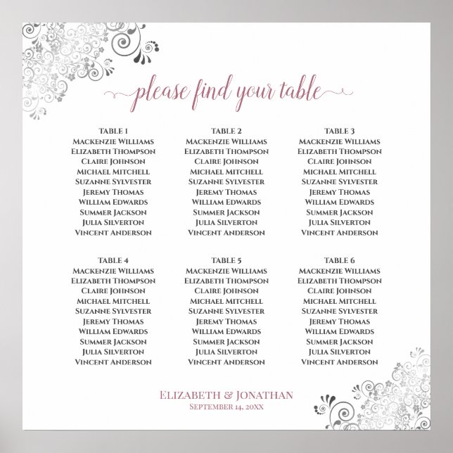 6 Rose für Frilly Wedding Seating Chart Poster (Vorne)